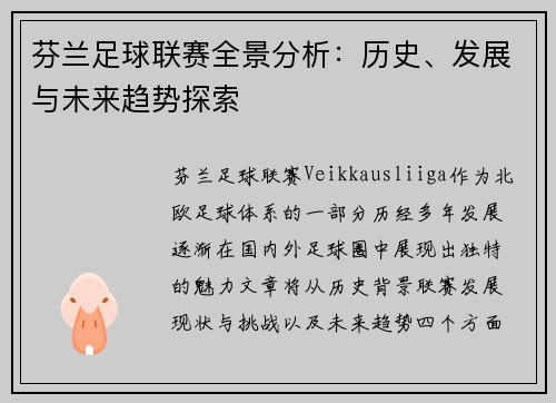 芬兰足球联赛全景分析：历史、发展与未来趋势探索