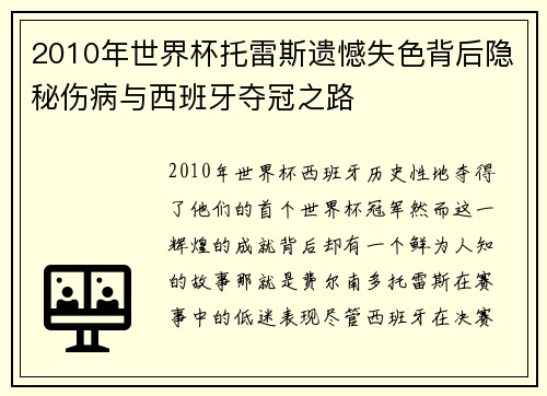 2010年世界杯托雷斯遗憾失色背后隐秘伤病与西班牙夺冠之路